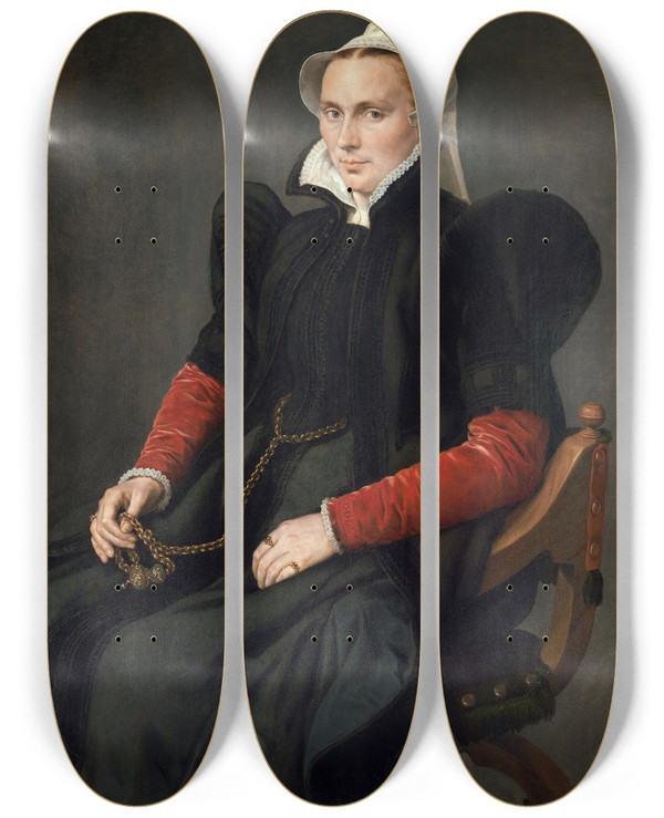 Triptych art skateboard deck of Antonis Mor Portrait Of A Seated Woman by Antonis Mor (1517-1577)