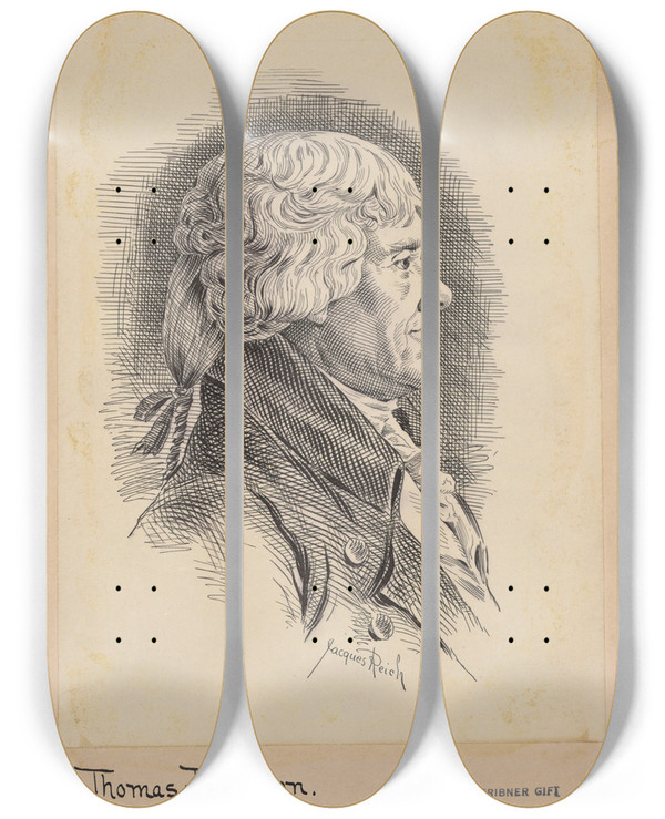 Triptych art skateboard deck of Jacques Reich Thomas Jefferson by Jacques Reich (1852-1923)