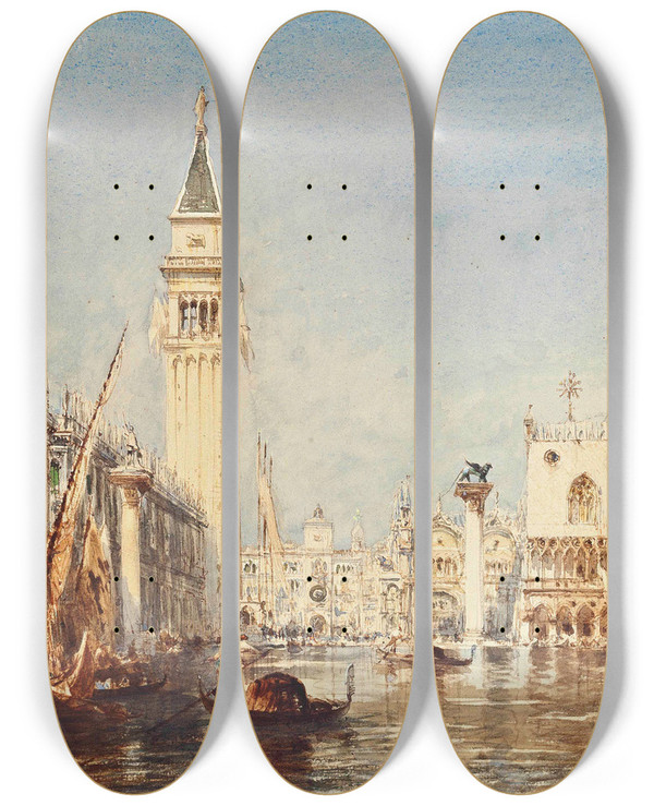 Triptych art skateboard deck of Flix Ziem Le Mle Et La Piazetta Inondation by Felix Ziem (1821-1911)