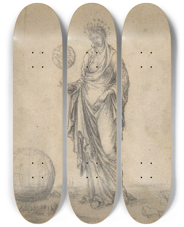 Triptych art skateboard deck of Wenzel Jamnitzer Urania by Wenzel Jamnitzer (1508-1585)