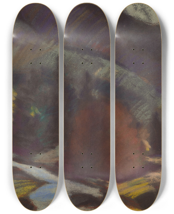 Triptych art skateboard deck of Zolo Palugyay Below The Mountain by Zolo Palugyay (1898-1935)