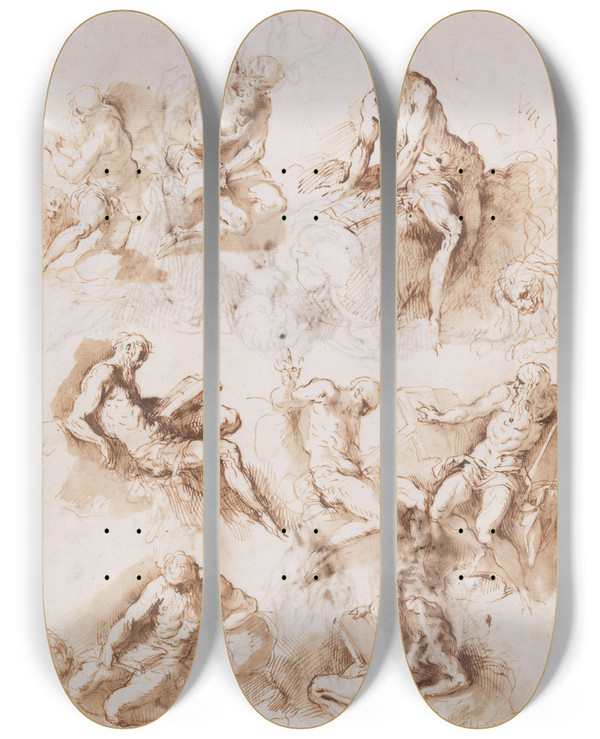 Triptych art skateboard deck of Jacopo Palma Il Vecchio Sheet Of Studies Of St Jerome by Jacopo Palma Il Vecchio (1480-1528)
