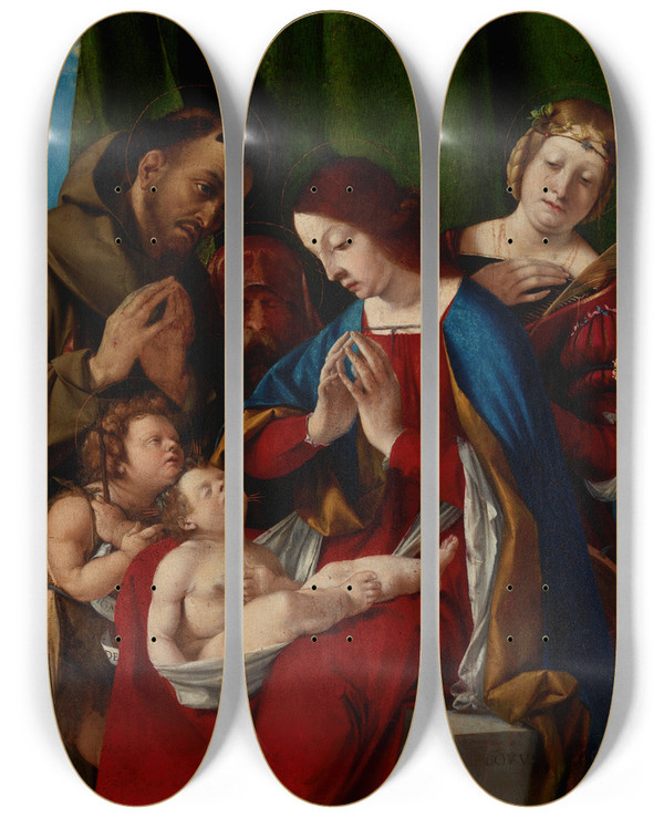 Triptych art skateboard deck of Lorenzo Lotto Madonna And Child With The Saints John The Baptist Francis Of Assisi Joseph And Catherine Of Alexandria by Lorenzo Lotto (1480-1556)