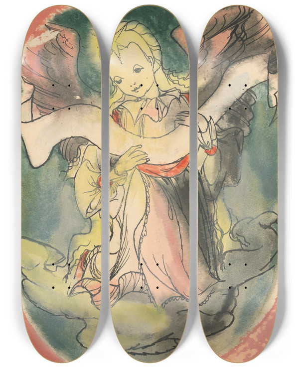 Triptych art skateboard deck of Jn Novk Anjel Vianon Ilustrcia by Jan Novak (1921-1944)