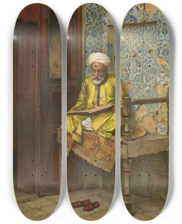 Triptych art skateboard deck of Arthur Von Ferraris The Learned Man Of Cairo by Arthur Von Ferraris (1856-1936)