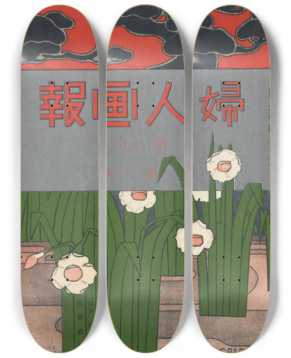 Triptych art skateboard deck of Mitsutani Kunishiro The Ladys Graphic January 1907 by Mitsutani Kunishiro