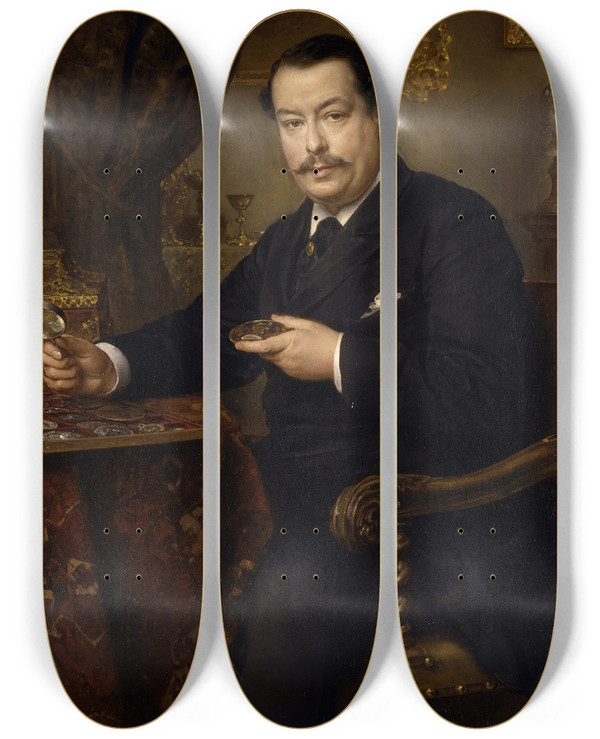 Triptych art skateboard deck of Ludwig Knaus The Banker Itzinger by Ludwig Knaus (1829-1921)