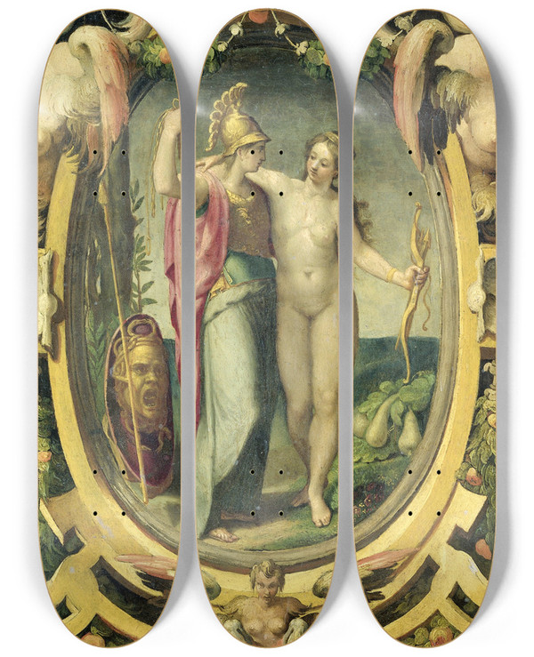 Triptych art skateboard deck of Circle Of Pellegrino Tibaldi Venus And Minerva by Circle Of Pellegrino Tibaldi (1527-1596)