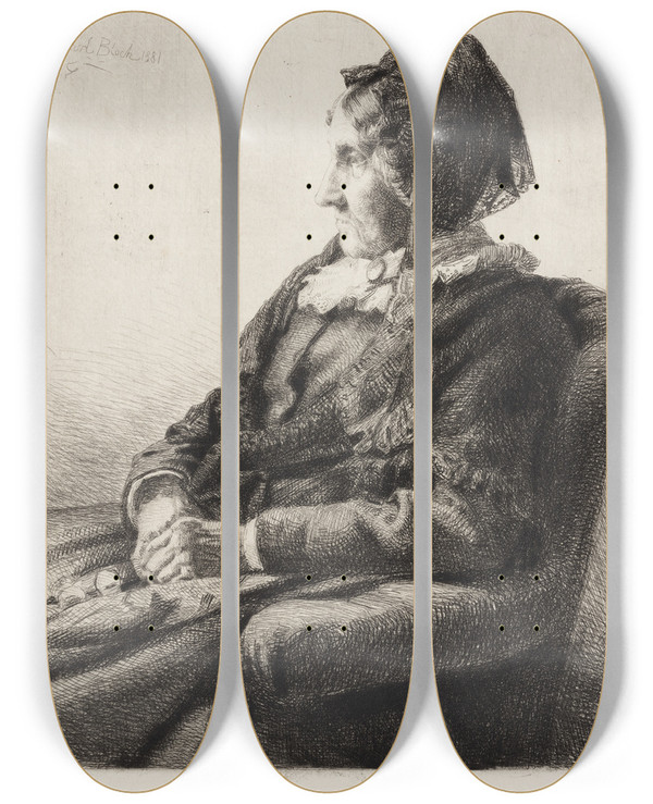 Triptych art skateboard deck of Carl Bloch Portrait Of The Artists Mother Mrs Ida Emilie Ulrikke Henriette Bloch Ne Weitzmann by Carl Bloch (1834-1890)