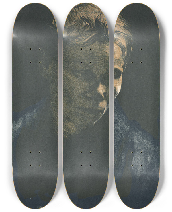 Triptych art skateboard deck of Kthe Kollwitz Working Woman With Blue Shawl by Kthe Kollwitz (1867-1945)