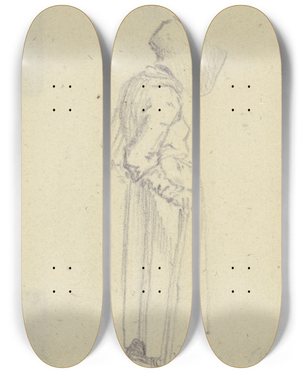 Triptych art skateboard deck of Daniel Nikolaus Chodowiecki Stehende Alte Frau Mit Schutenhut by Daniel Nikolaus Chodowiecki (1726-1801)