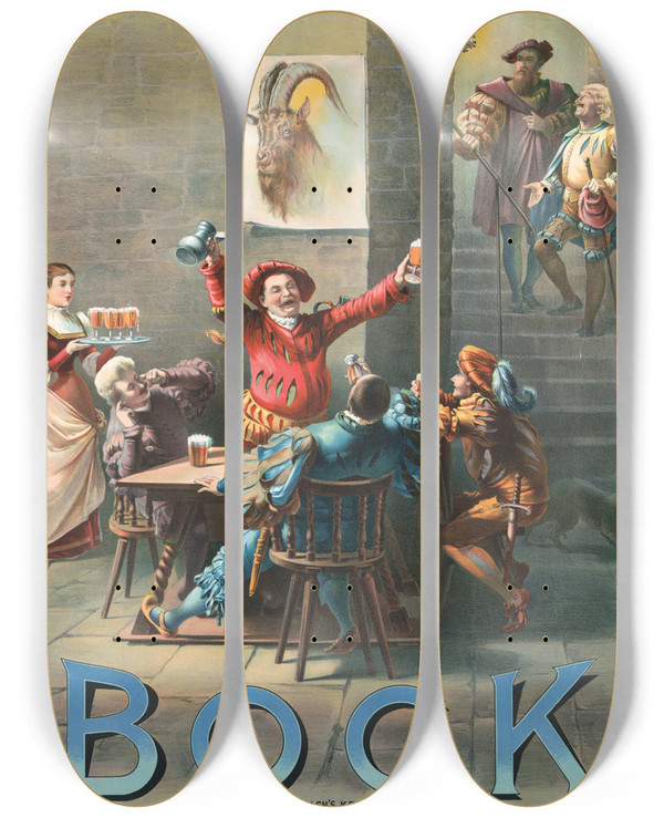Triptych art skateboard deck of Henry Jerome Schile Bock Auerbachs Keller by Henry Jerome Schile (1829-1901)