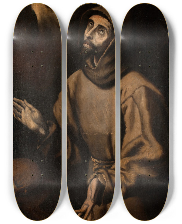 Triptych art skateboard deck of Blas Muoz The Ecstasy Of St Francis Of Assisi by Blas Munoz (1674-1708)