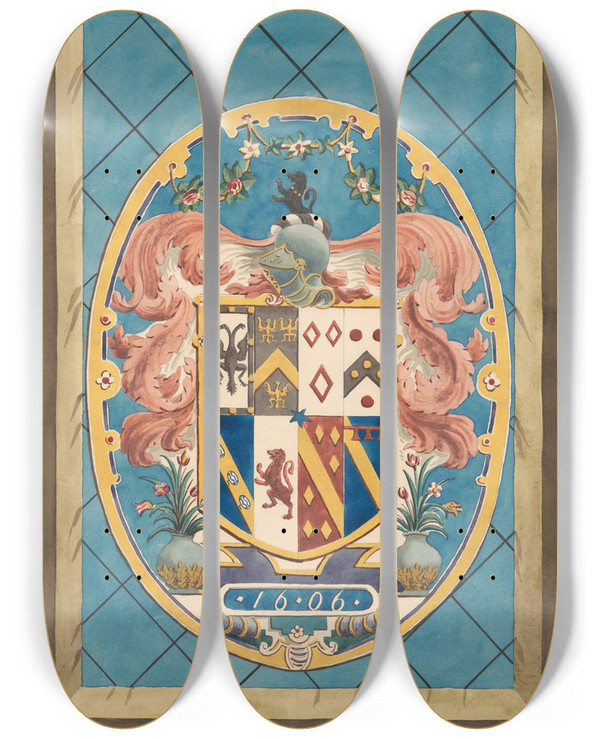 Triptych art skateboard deck of Daniel Lysons Coat Of Arms In Stained Glass Window Behind The Pulpit Form Hanworth Church by Daniel Lysons (1762-1834)