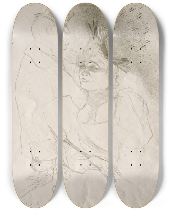 Triptych art skateboard deck of Henri De Toulouselautrec Lender And Baron by Henri de Toulouse-Lautrec (1864-1901)