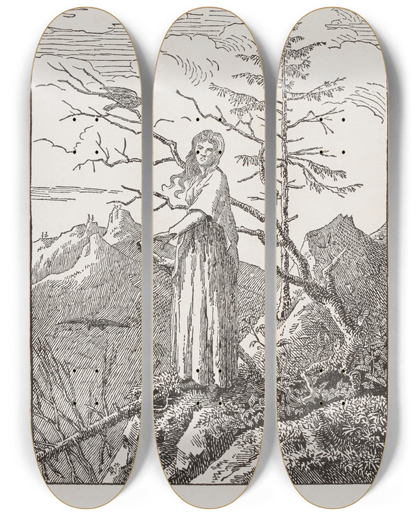Triptych art skateboard deck of Caspar David Friedrich Woman With Raven At The Abyss by Caspar David Friedrich (1774-1840)