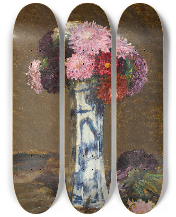 Triptych art skateboard deck of Sir George Clausen Asters by Sir George Clausen (1852-1944)