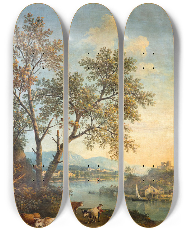 Triptych art skateboard deck of Giovanni Battista Cimaroli A River Landscape With A Herdsman In The Foreground And A Village Beyond by Giovanni Battista Cimaroli (1687-1771)