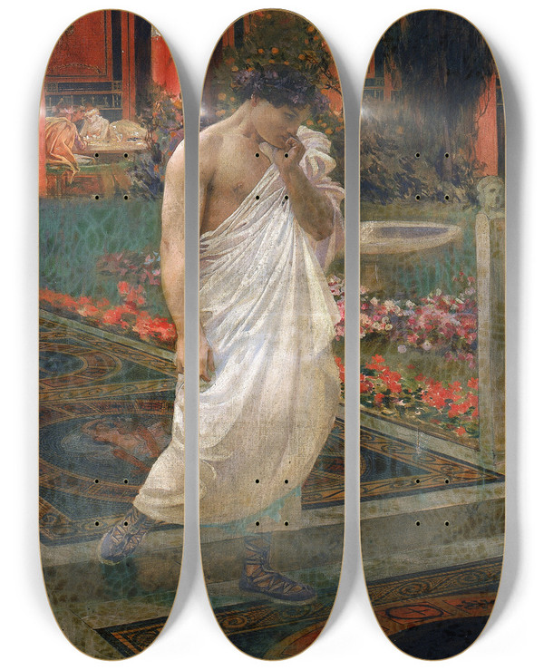 Triptych art skateboard deck of William De Leftwich Dodge Meditation by William De Leftwich Dodge (1867-1935)