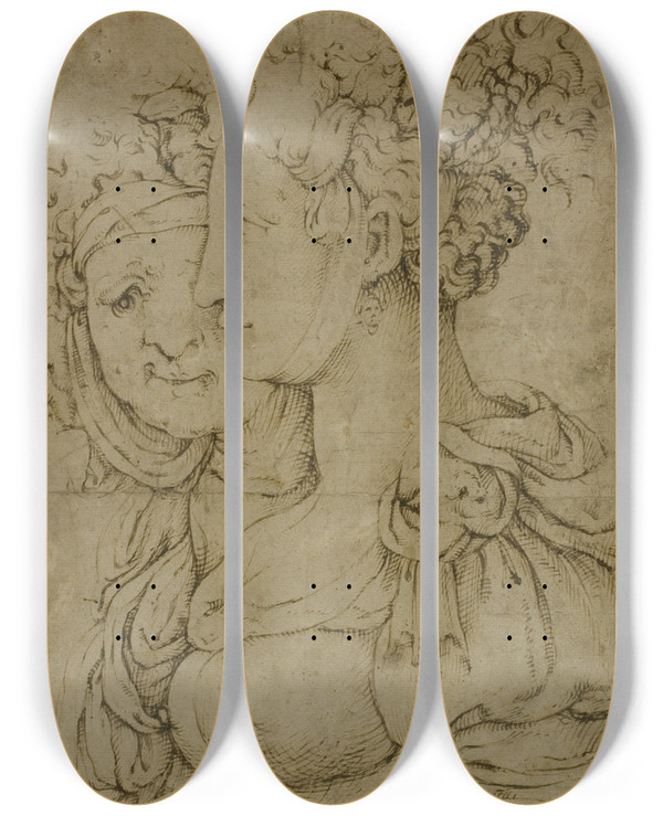 Triptych art skateboard deck of Bartolomeo Passarotti Old Matron And Young Woman by Bartolomeo Passarotti (1529-1592)