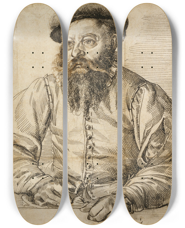 Triptych art skateboard deck of Tobias Stimmer Portrait Of A Bearded Man by Tobias Stimmer (1539-1584)