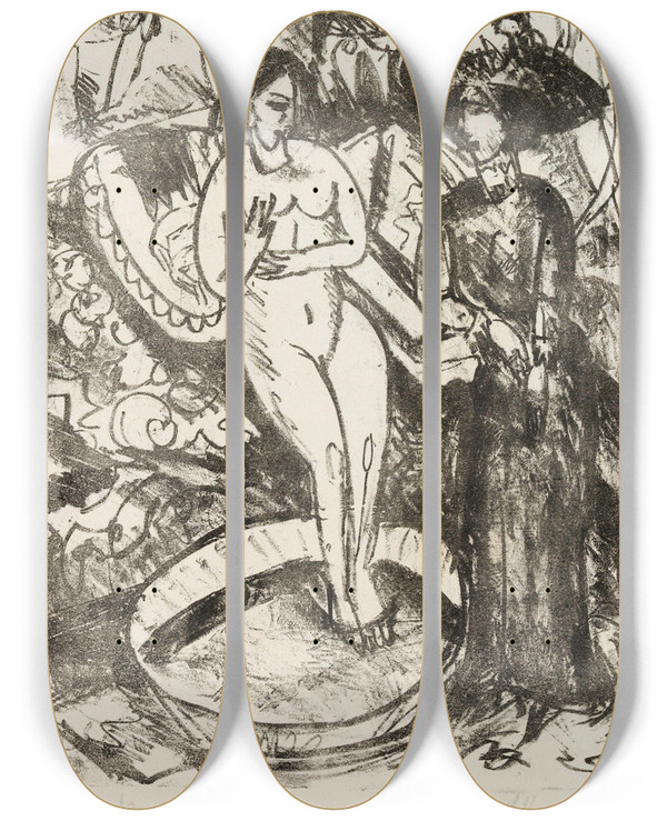 Triptych art skateboard deck of Ernst Ludwig Kirchner Der Besuch Der Freundin The Visit Of The Girlfriend by Ernst Ludwig Kirchner (1880-1938)