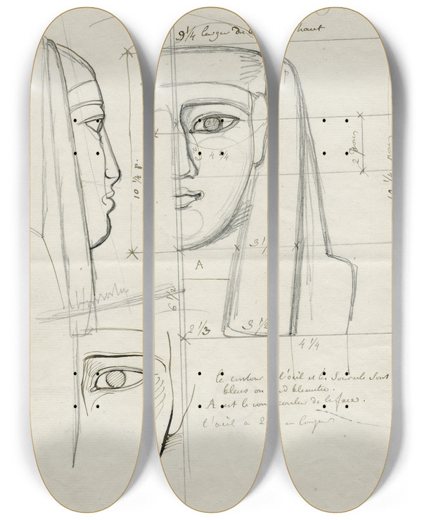 Triptych art skateboard deck of David Humbert De Superville Een Drietal Details Vd Kop Ve Mummiekist by David Humbert De Superville (1770-1849)
