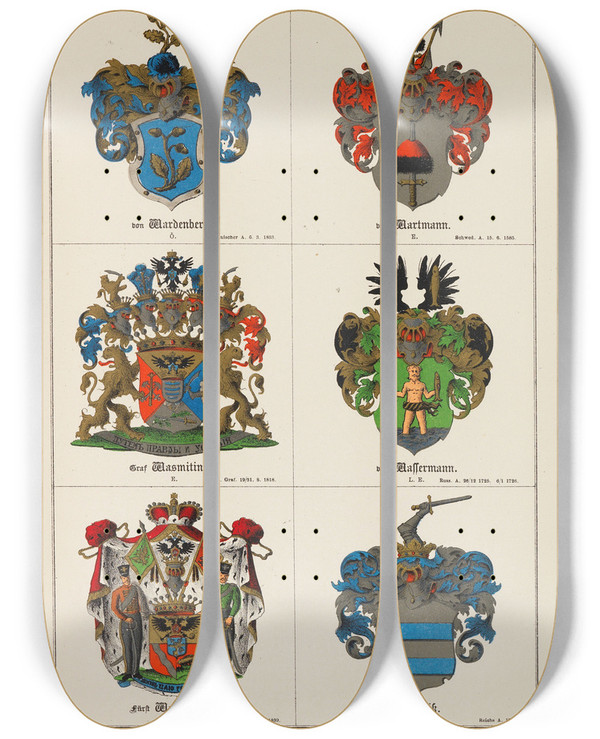 Triptych art skateboard deck of Carl Arvid Klingspor Baltisches Wappenbuch by Carl Arvid Klingspor (1829-1903)
