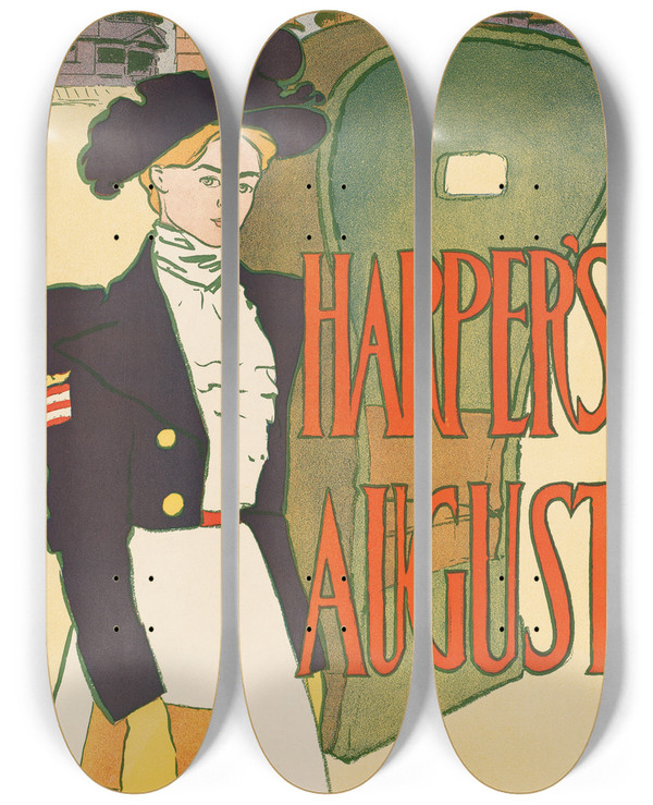 Triptych art skateboard deck of Edward Penfield Harpers August_1 by Edward Penfield (1866-1925)