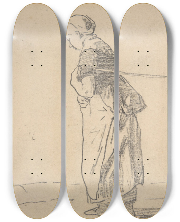 Triptych art skateboard deck of Anton Mauve Woman Pulling A Tow Rope by Anton Mauve (1838-1888)