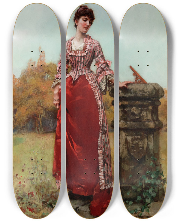 Triptych art skateboard deck of Henry John Yeend King At The Sundial by Henry John Yeend King (1855-1924)