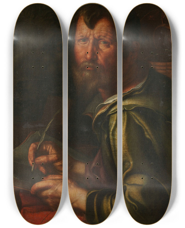 Triptych art skateboard deck of Joachim Wtewael The Evangelist Saint Luke by Joachim Wtewael (1566-1638)
