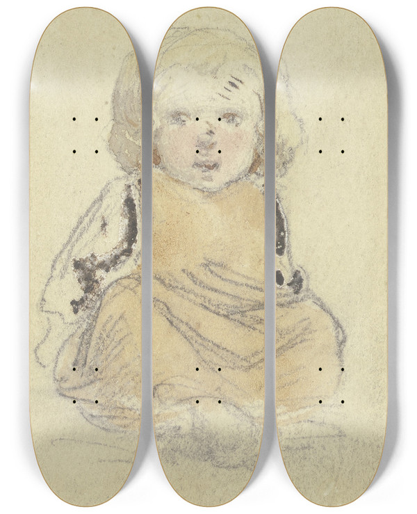 Triptych art skateboard deck of Jakob Frchtegott Dielmann Sitzendes Kleines Blondes Kind In Gelbem Kleidchen Von Vorn by Jakob Furchtegott Dielmann (1809-1885)