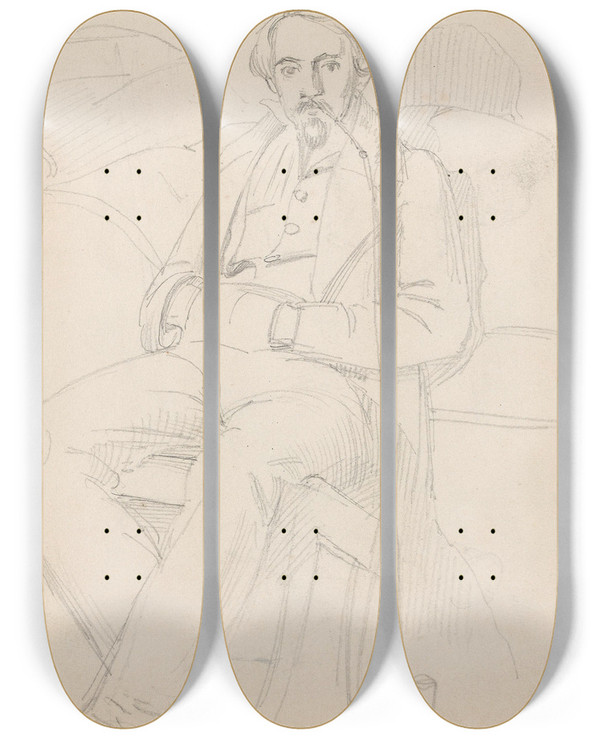 Triptych art skateboard deck of Adolph Tidemand Male Portrait With Long Pipe by Adolph Tidemand (1814-1876)