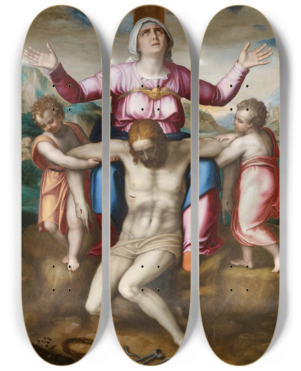 Triptych art skateboard deck of Marcello Venusti The Piet With Two Angels by Marcello Venusti (1512-1579)