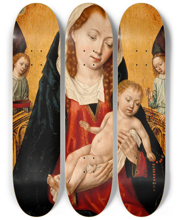 Triptych art skateboard deck of Master Of The Legend Of Saint Ursula Virgin And Child With Two Angels by Master of the Legend of Saint Ursula (1436-1505)