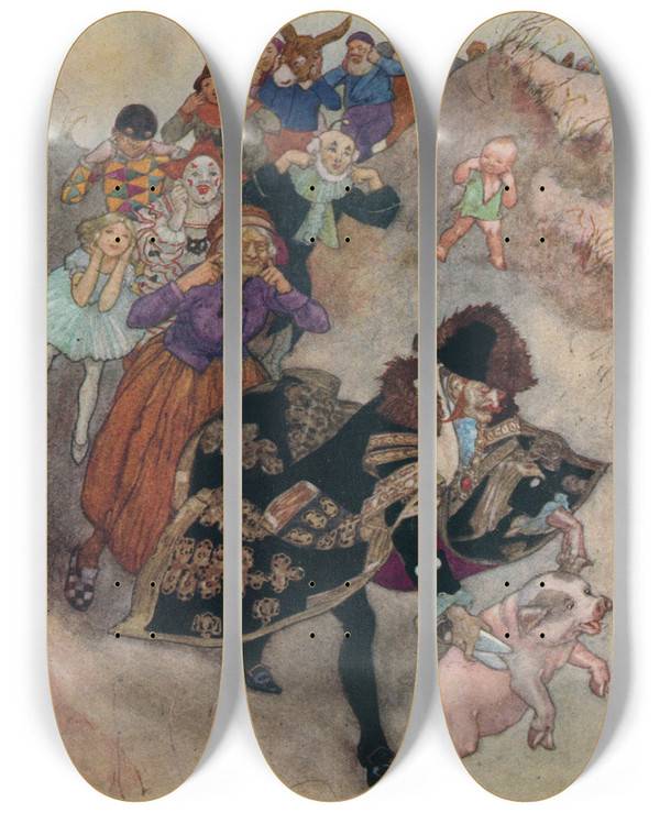 Triptych art skateboard deck of Alfred Edward Frederick Jackson Before Them Ran A Gentleman Shearing A Pig by Alfred Edward Frederick Jackson (1873-1952)