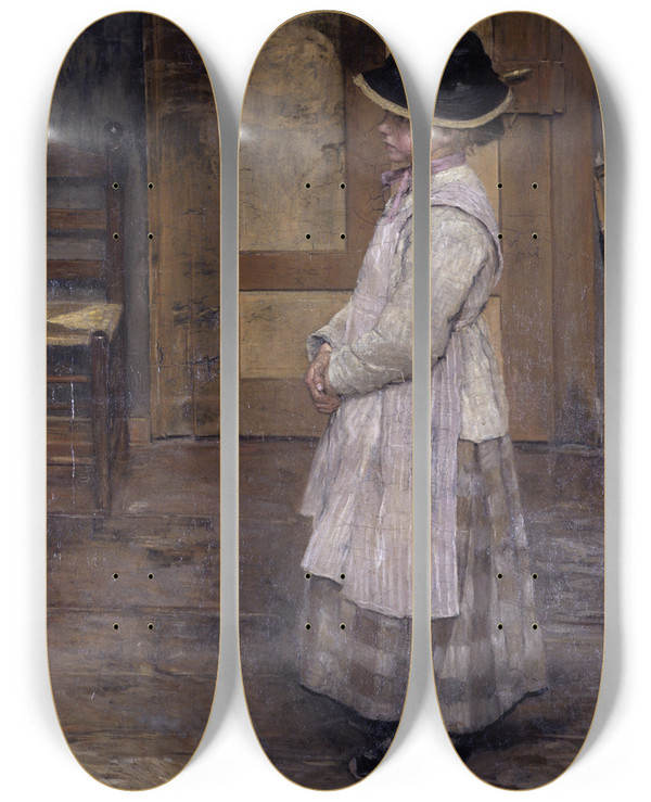 Triptych art skateboard deck of Fritz Von Uhde At The Door by Fritz Von Uhde (1848-1911)