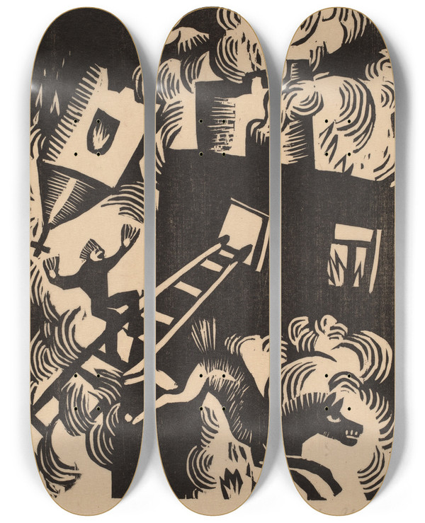 Triptych art skateboard deck of Maria Uhden Burning House_2 by Maria Uhden (1892-1918)
