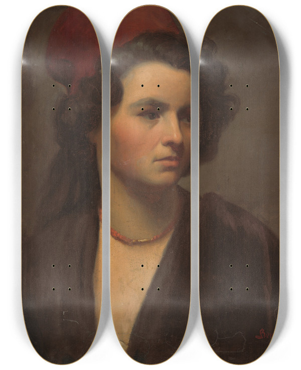 Triptych art skateboard deck of Gyula Benczr Portrait Of A Girl In A Red Scarf by Gyula Benczur (1844-1920)