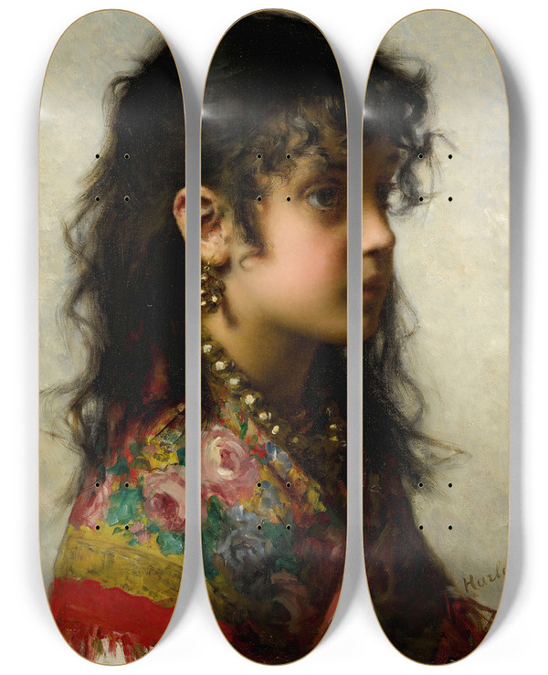 Triptych art skateboard deck of Alexei Harlamoff Girl With Brass Necklace by Alexei Harlamoff (1840-1925)