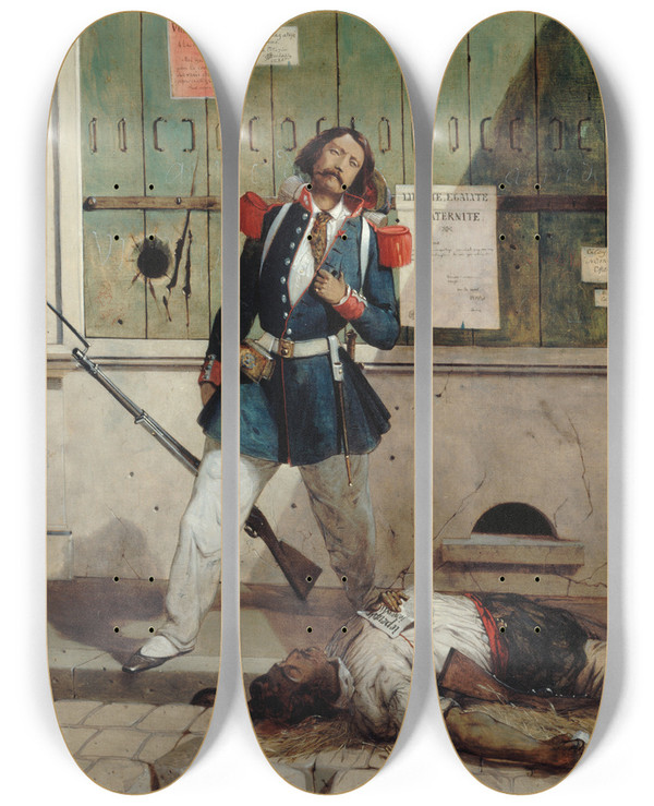 Triptych art skateboard deck of Alcidejoseph Lorentz Garde National Bless Pisode De La Rvolution De 1848 by Alcide Joseph Lorentz (1813-1891)