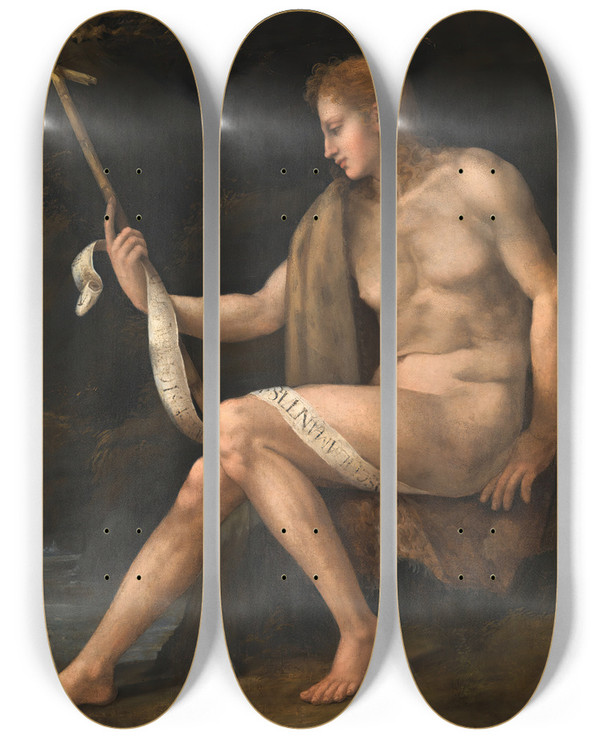 Triptych art skateboard deck of Bacchiacca Saint John The Baptist In The Wilderness by Bacchiacca (1494-1557)