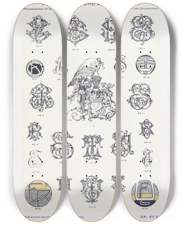 Triptych art skateboard deck of Wilhelm Diebener Monogrammes Und Dekorationen Pl024 by Wilhelm Diebener (1922)