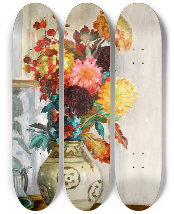 Triptych art skateboard deck of Henri Lebasque Vase De Chrysantmes by Henri Lebasque (1865-1937)