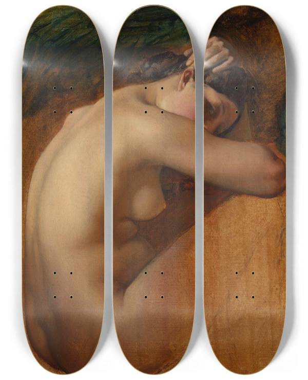 Triptych art skateboard deck of Henri Lehmann Study Of A Female Nude by Henri Lehmann (1814-1882)