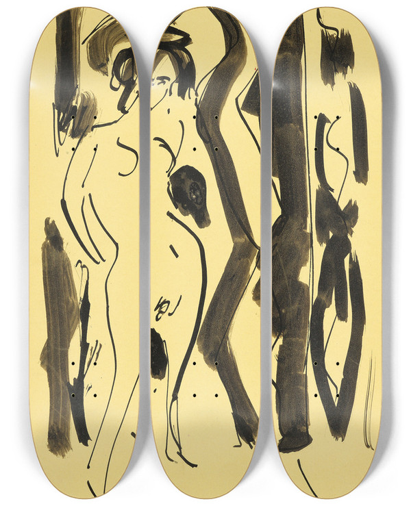 Triptych art skateboard deck of Ernst Ludwig Kirchner Frauenakt by Ernst Ludwig Kirchner (1880-1938)