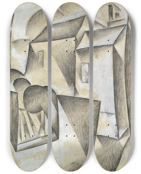 Triptych art skateboard deck of Juan Gris Houses In Paris Place Ravignan by Juan Gris (1887-1927)