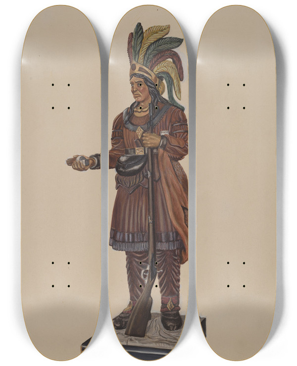 Triptych art skateboard deck of Florian Rokita Cigar Store Indian by Florian Rokita