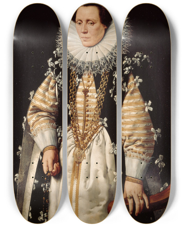 Triptych art skateboard deck of Frans Pourbus The Younger Portrait Of The Wife Of Nicolas De Hellincx by Frans Pourbus The Younger (1569-1622)